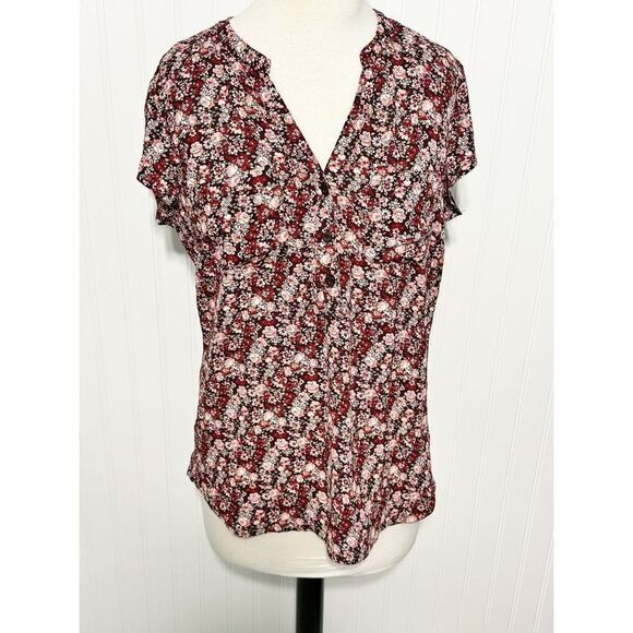 Soho New York‎ & Company Women's Floral Split V-neck 3-Button Blouse Red Medium - Picture 11 of 11